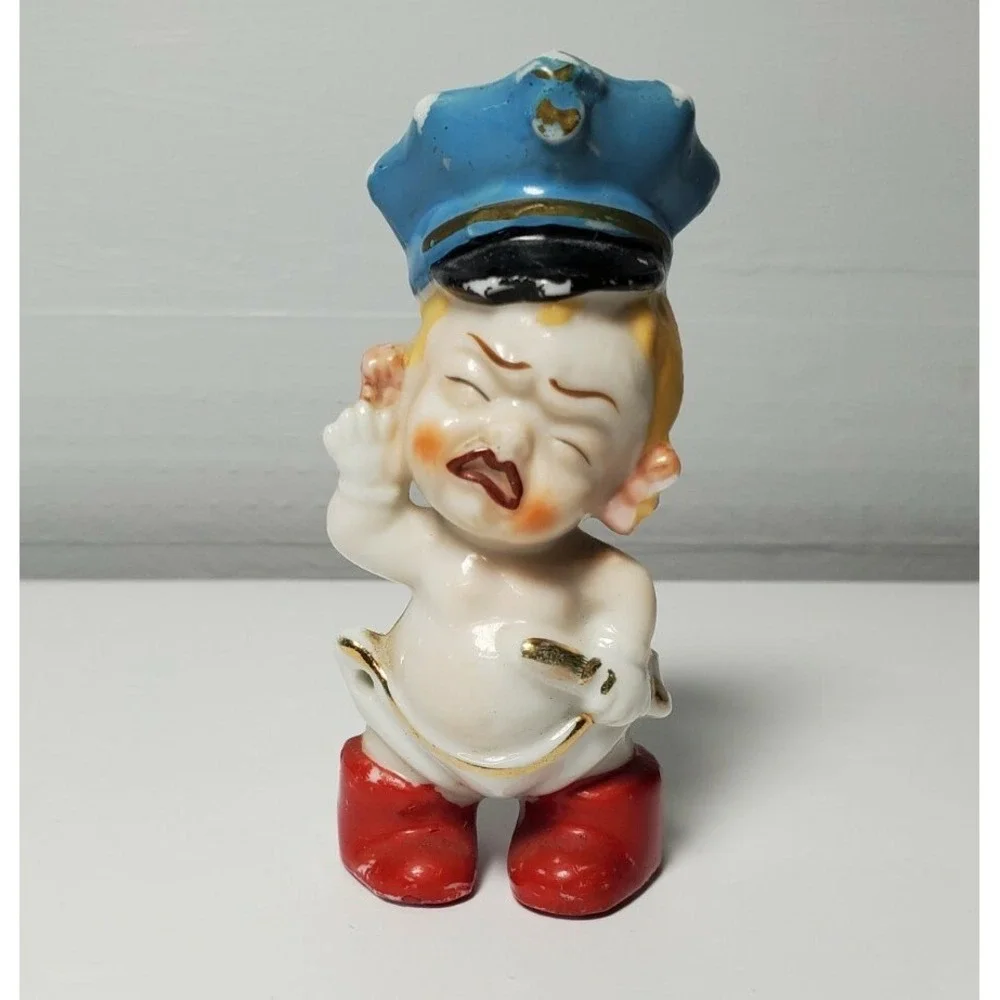 Vintage Mid 50's Diaper Safety Pin Blonde Baby Boy Police‎ Officer Hat Figurine